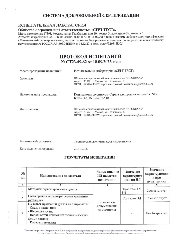 Протокол испытаний №СТ23-09-62 от 18.09.2023 года