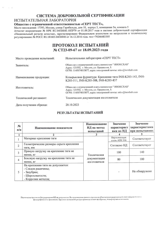 Протокол испытаний №СТ23-09-67 от 18.09.2023 года